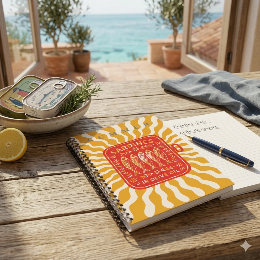 Un design unique : Carnet de notes sur le thème des sardines dans l'huile d'olive pour l'été. 
Couverture jaune et rouge avec illustrations de sardines stylisées. 
Ouvert sur une table en bois avec tapas : sardines grillées, pain, ail, citron, sel, herbes. 
Style rétro et unique.