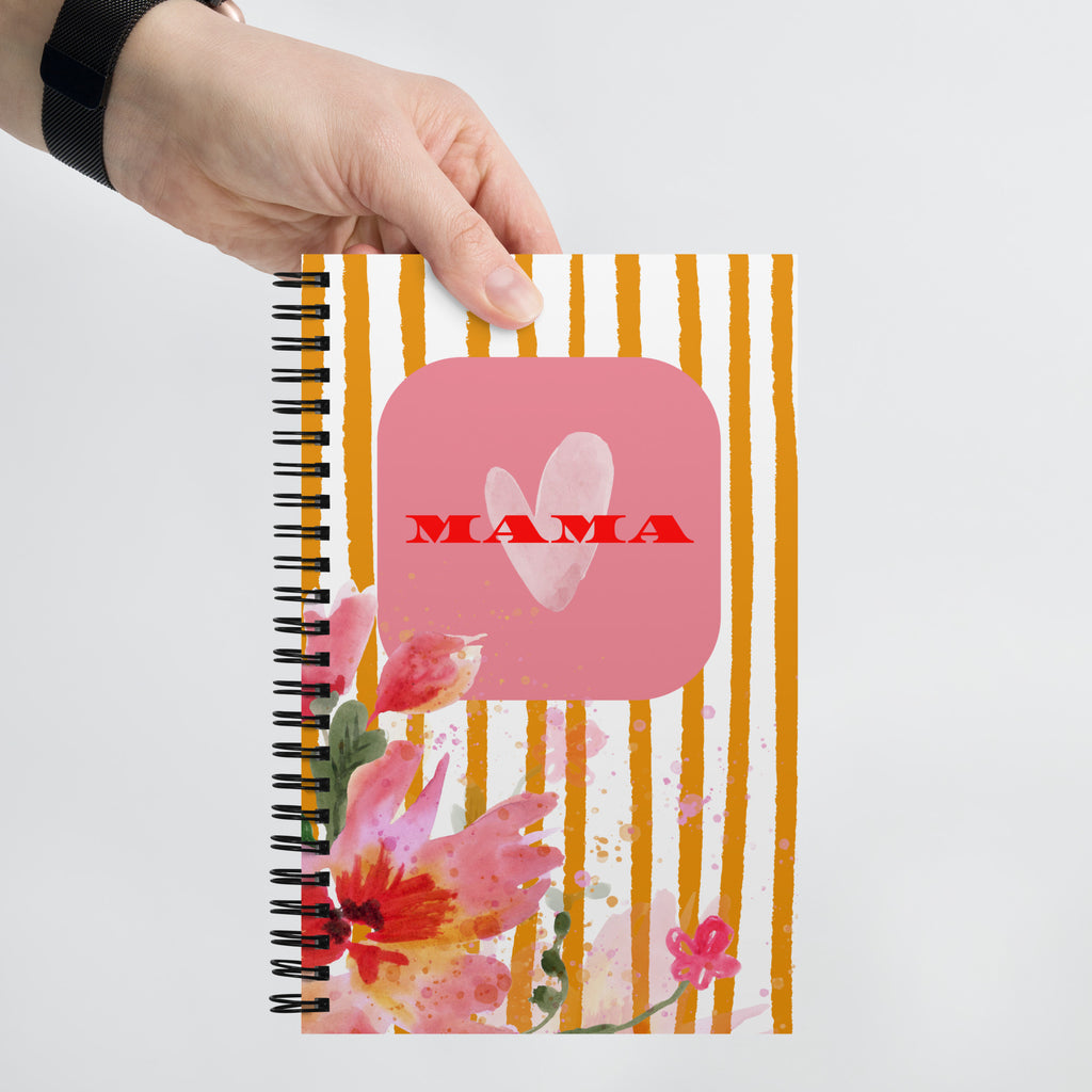 Carnet de notes a spirales avec un motif floral et des rayures oranges. Inscription “Carnet de notes Mama“