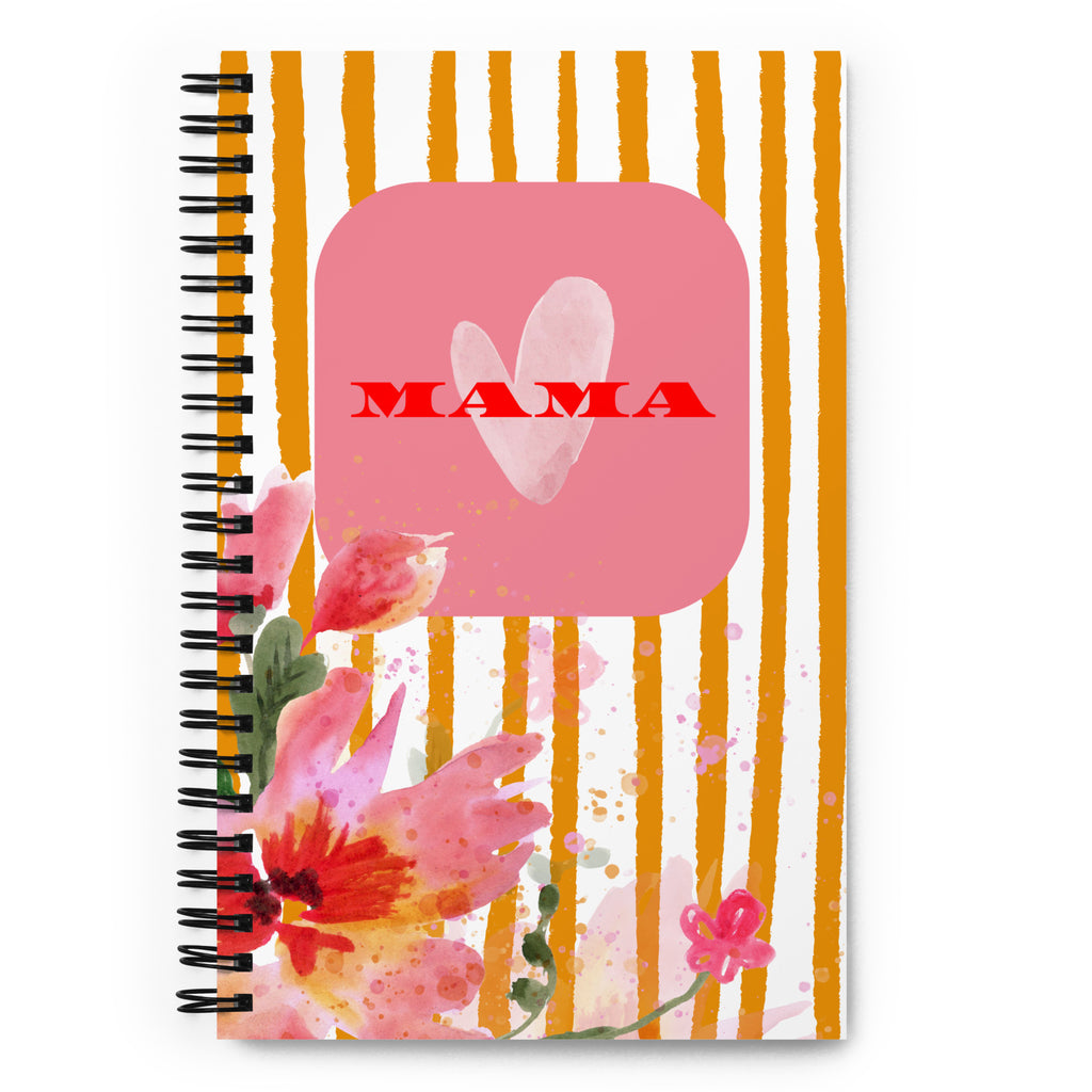 Carnet de notes a spirales avec un motif floral et des rayures oranges. Inscription “Carnet de notes Mama“