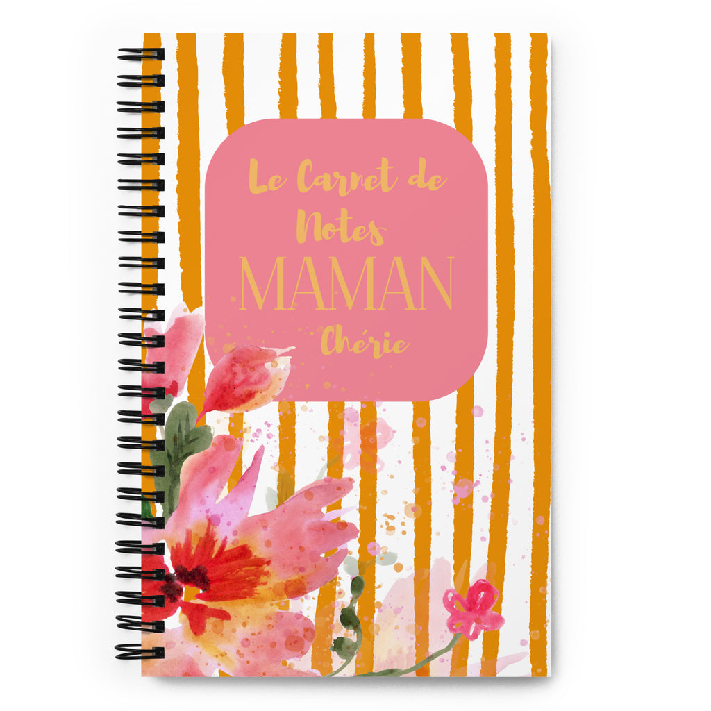 Carnet de notes a spirales avec un motif floral et des rayures oranges. Inscription “Carnet de notes Maman cherie“
