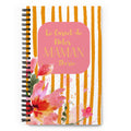 Carnet de notes a spirales avec un motif floral et des rayures oranges. Inscription “Carnet de notes Maman cherie“