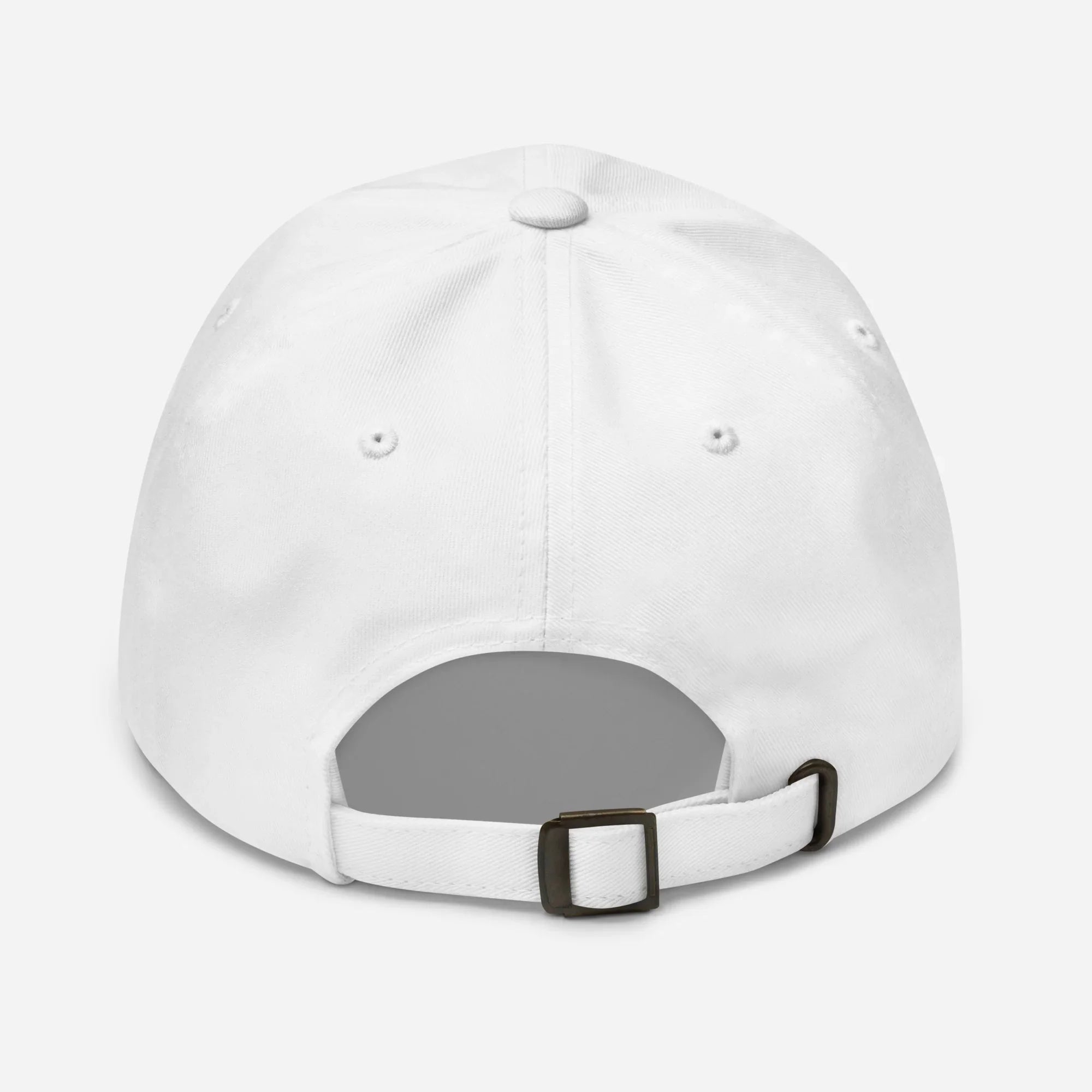 Casquette blanche motif oeil vue de dos avec boucle de réglage en métal.