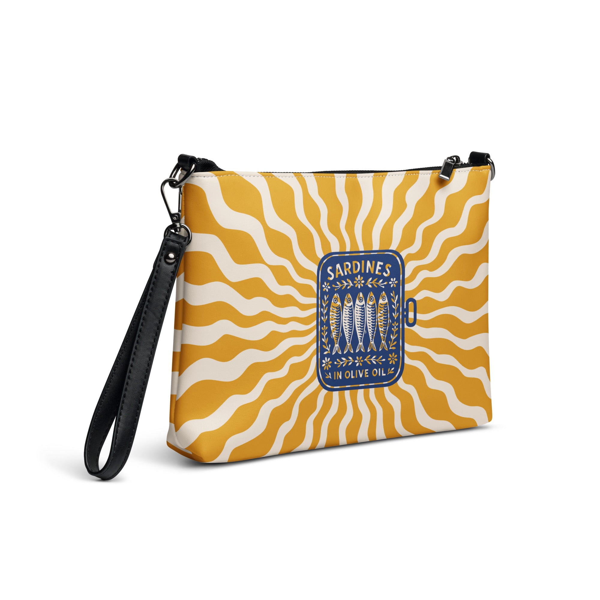 Sac à bandoulière en simili cuir jaune et blanc avec motif central de boîte de sardines vintage et rayons de soleil.