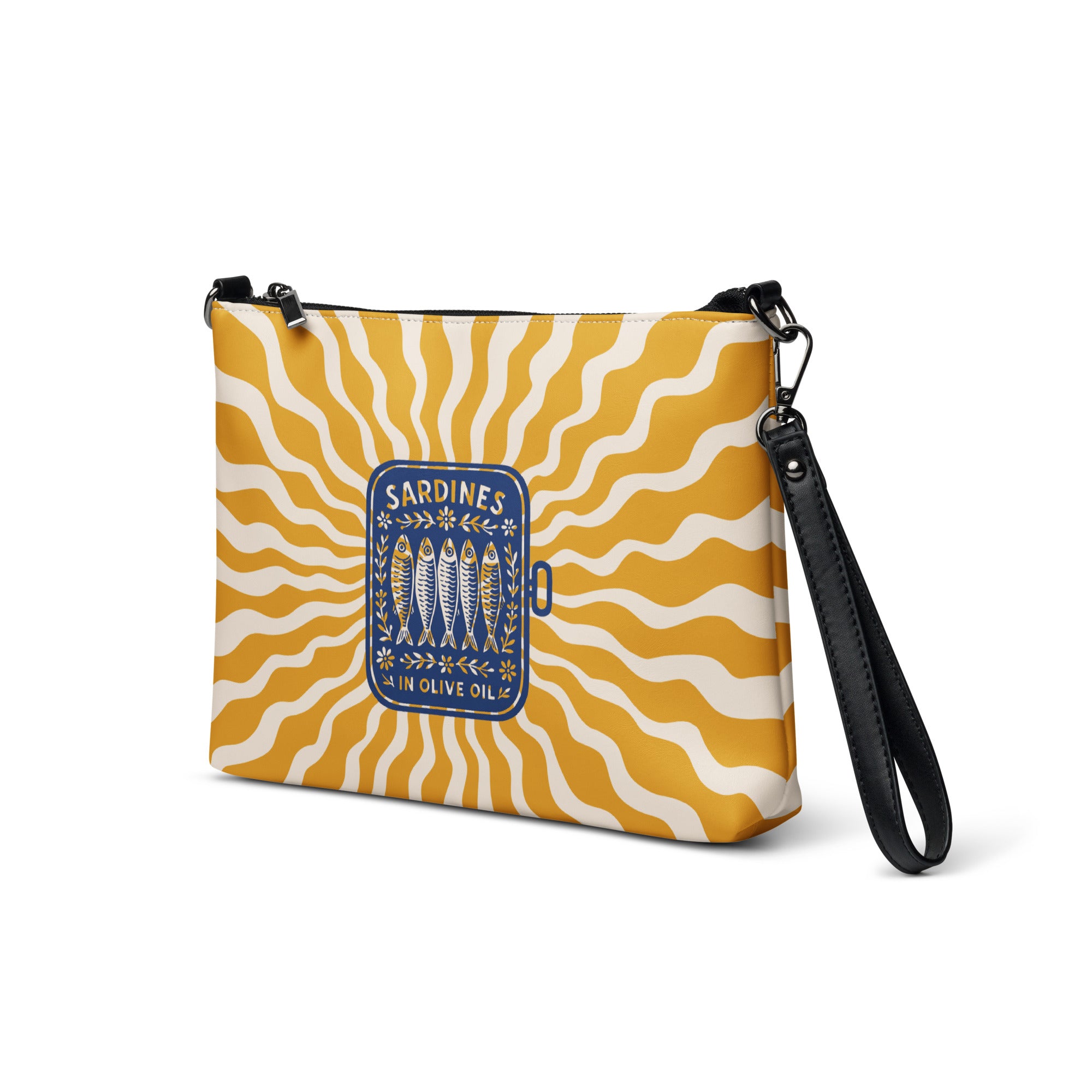 Sac à bandoulière en simili cuir jaune et blanc avec motif central de boîte de sardines vintage et rayons de soleil.