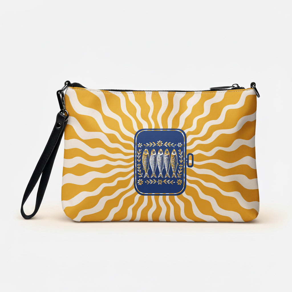 Sac à bandoulière en simili cuir jaune et blanc avec motif central de boîte de sardines vintage et rayons de soleil.