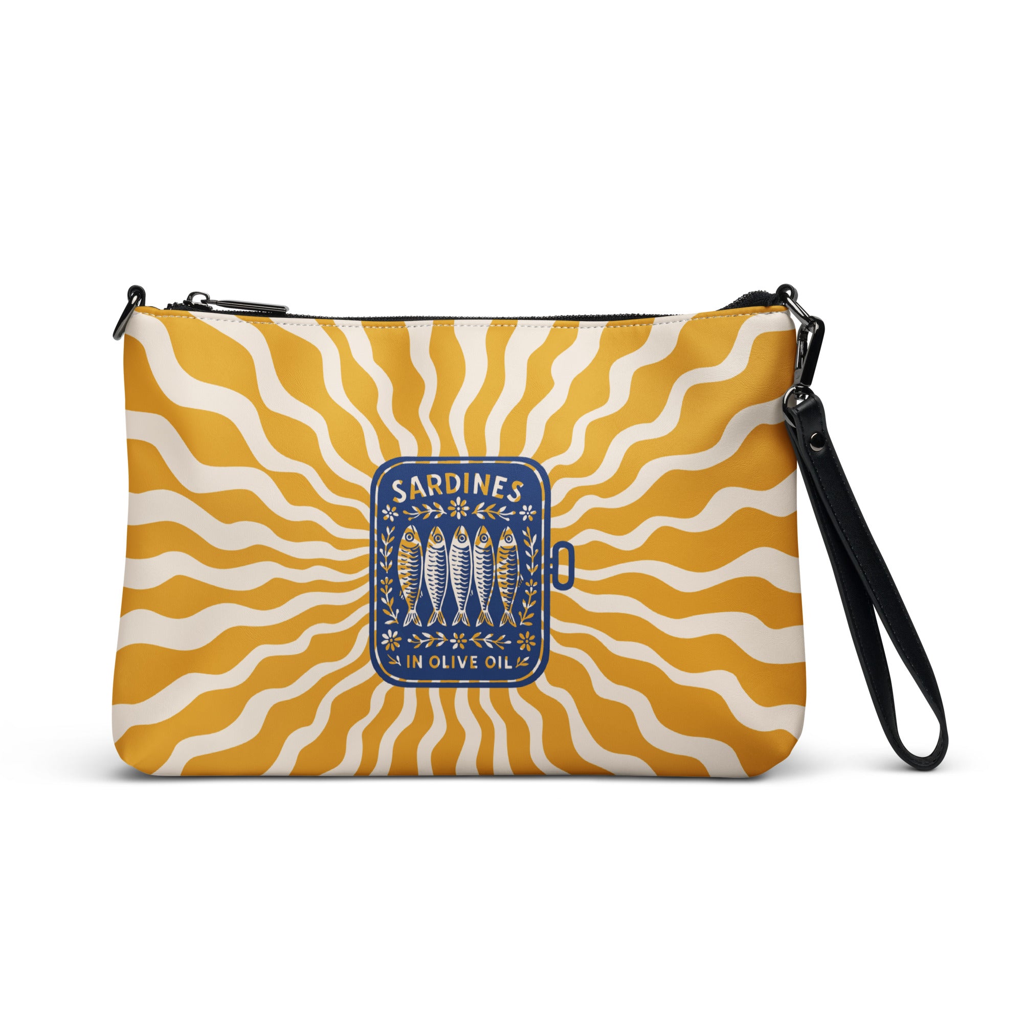 Sac à bandoulière en simili cuir jaune et blanc avec motif central de boîte de sardines vintage et rayons de soleil.