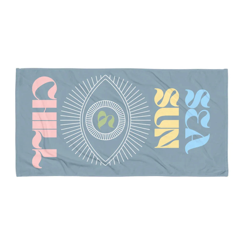 Serviette de plage bleue été motif floral avec texte Sun Sand Chill