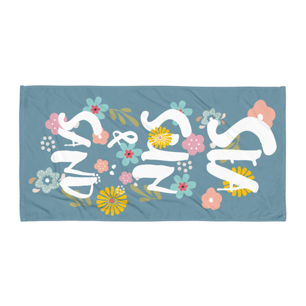 Serviette de plage bleue été motif floral avec texte Sun Sand Sea