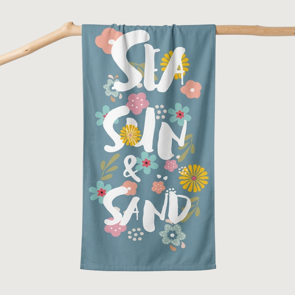Serviette de plage bleue été motif floral avec texte Sun Sand Sea