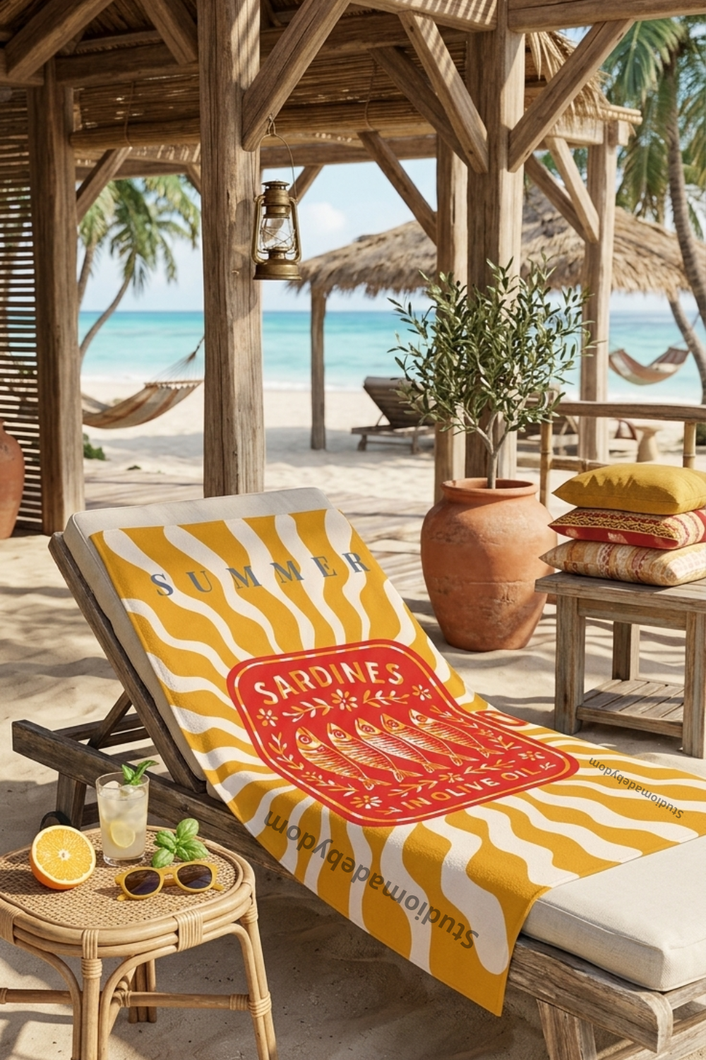 Drap de plage de couleur jaune avec motif boîte de sardines vintage.
