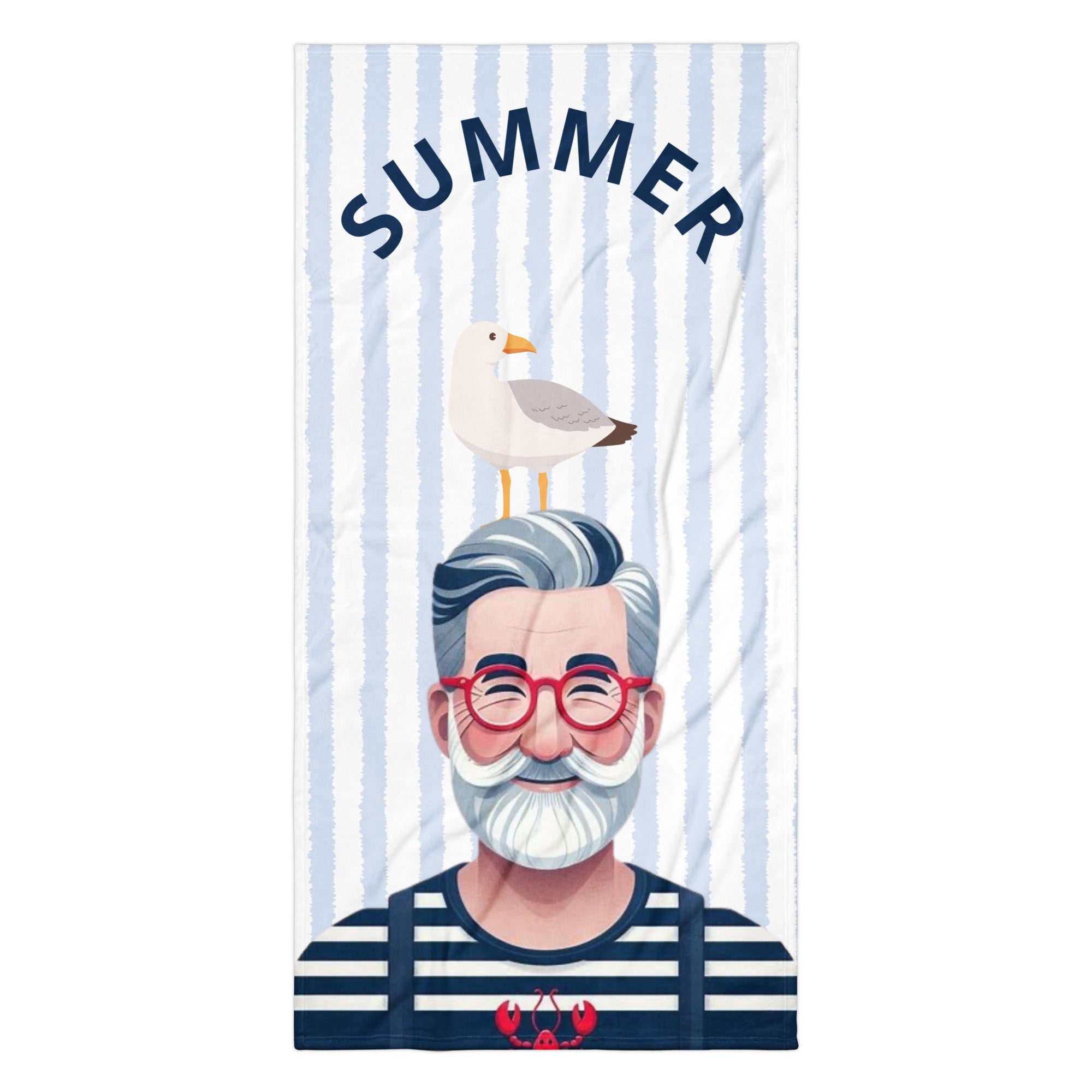 Serviette de plage rayee bleue avec un motif de marin et d une mouette