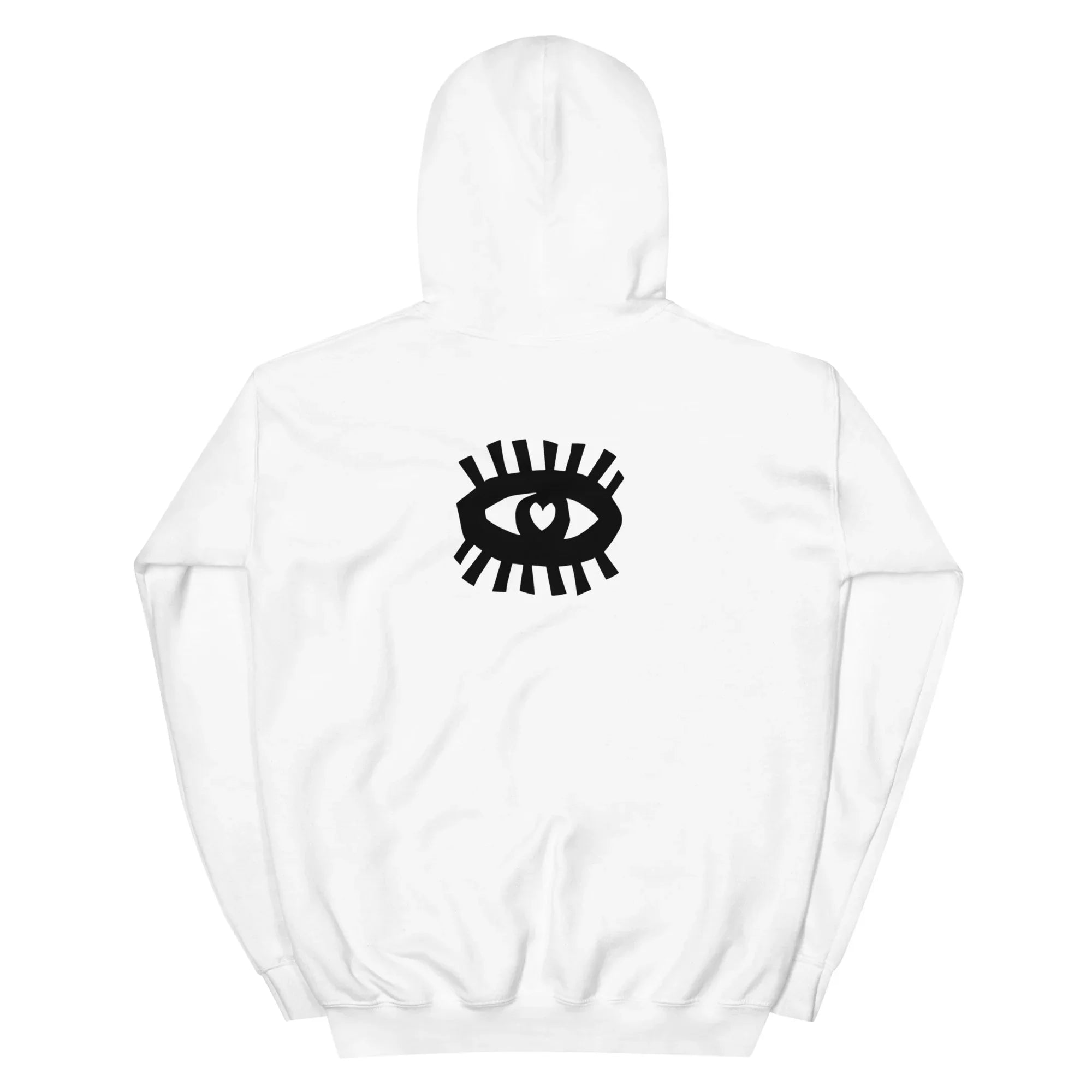 Sweat à capuche blanc unisexe avec motif œil noir et cœur dans le dos, design original