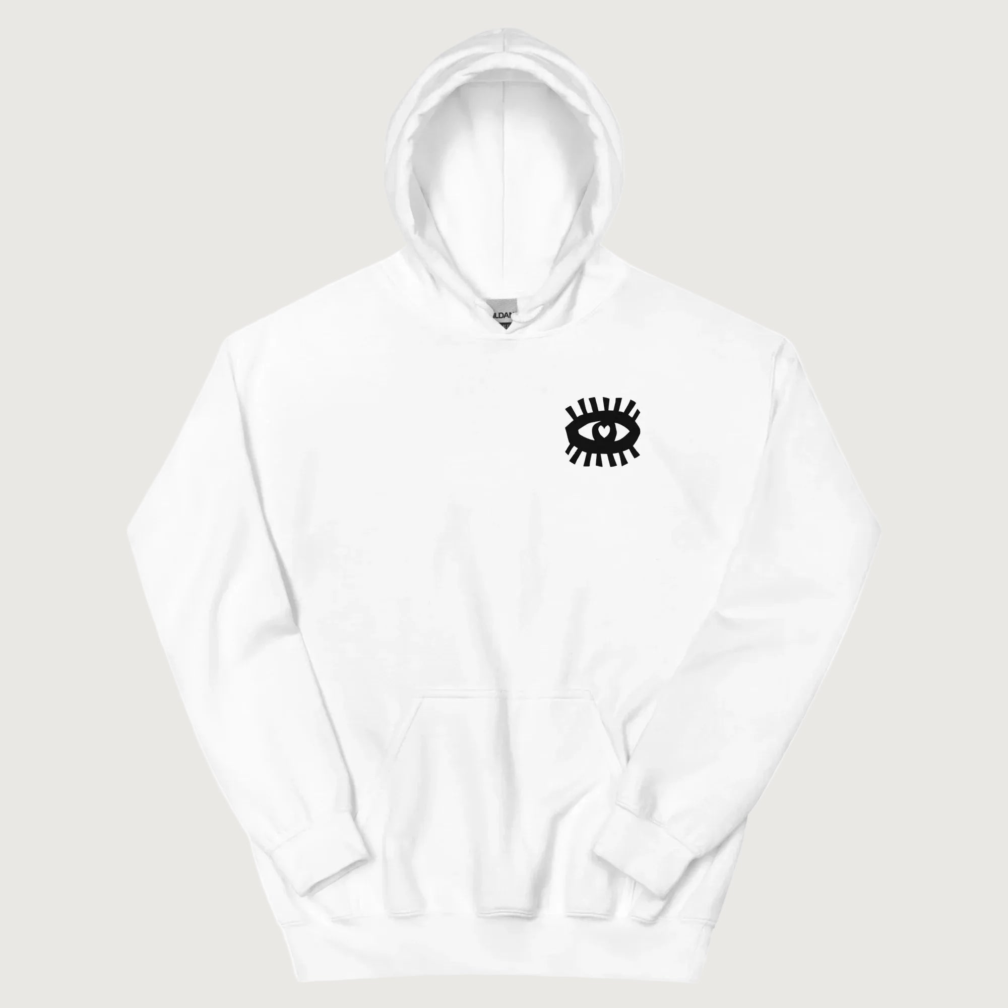 Sweat à capuche unisexe blanc avec motif œil noir original sur la poitrine