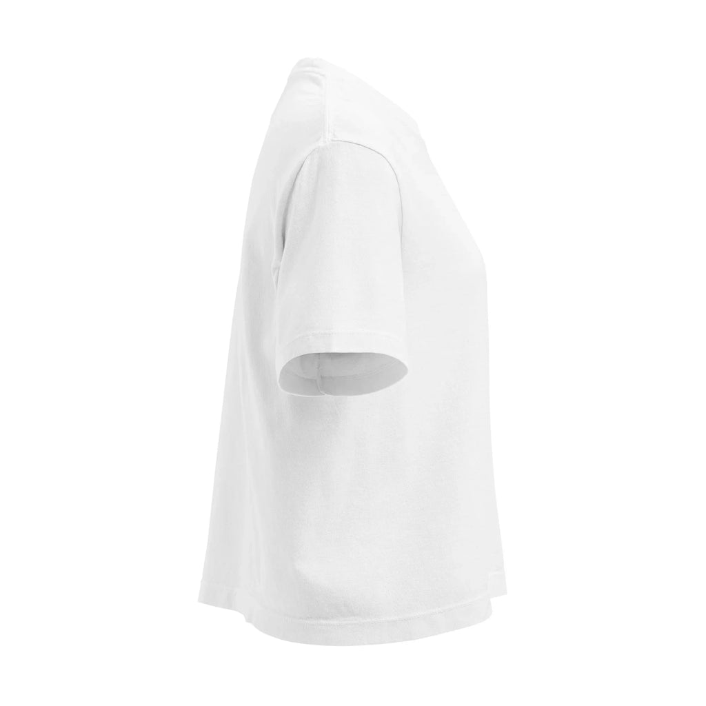 T-shirt blanc femme coupe boxy épais, manches courtes, vu de côté droit sur fond blanc