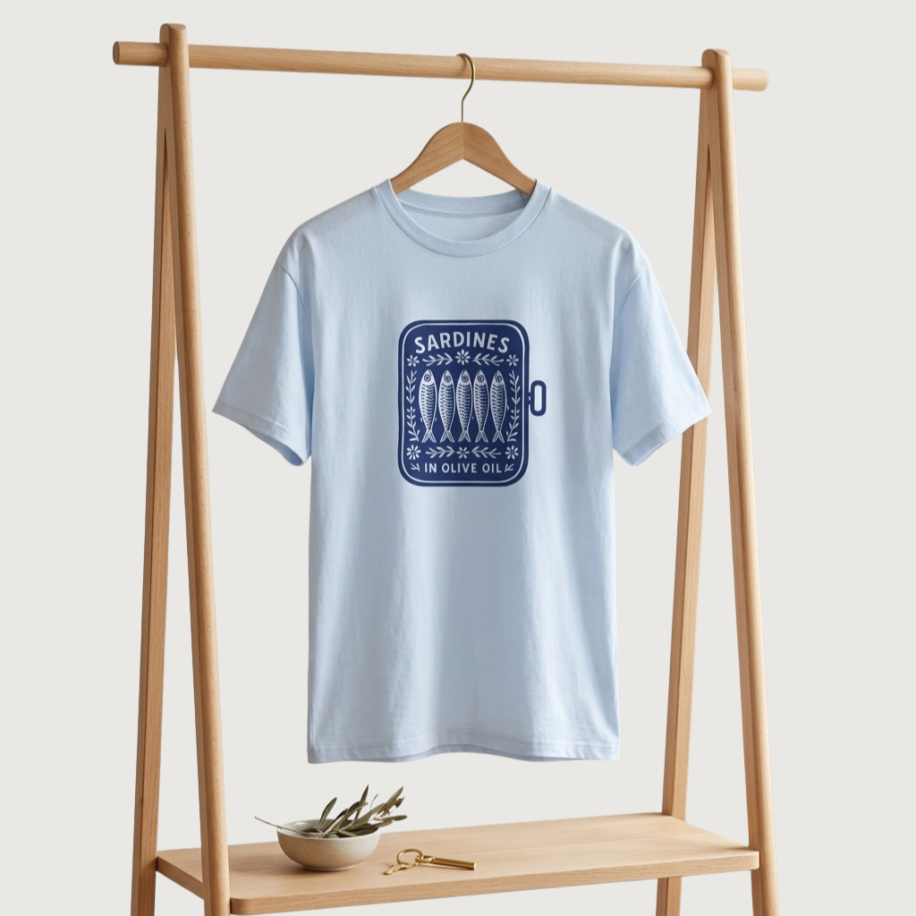 T-shirt Unisexe couleur Bleu clair avec un motif vintage Boite de Sardines.