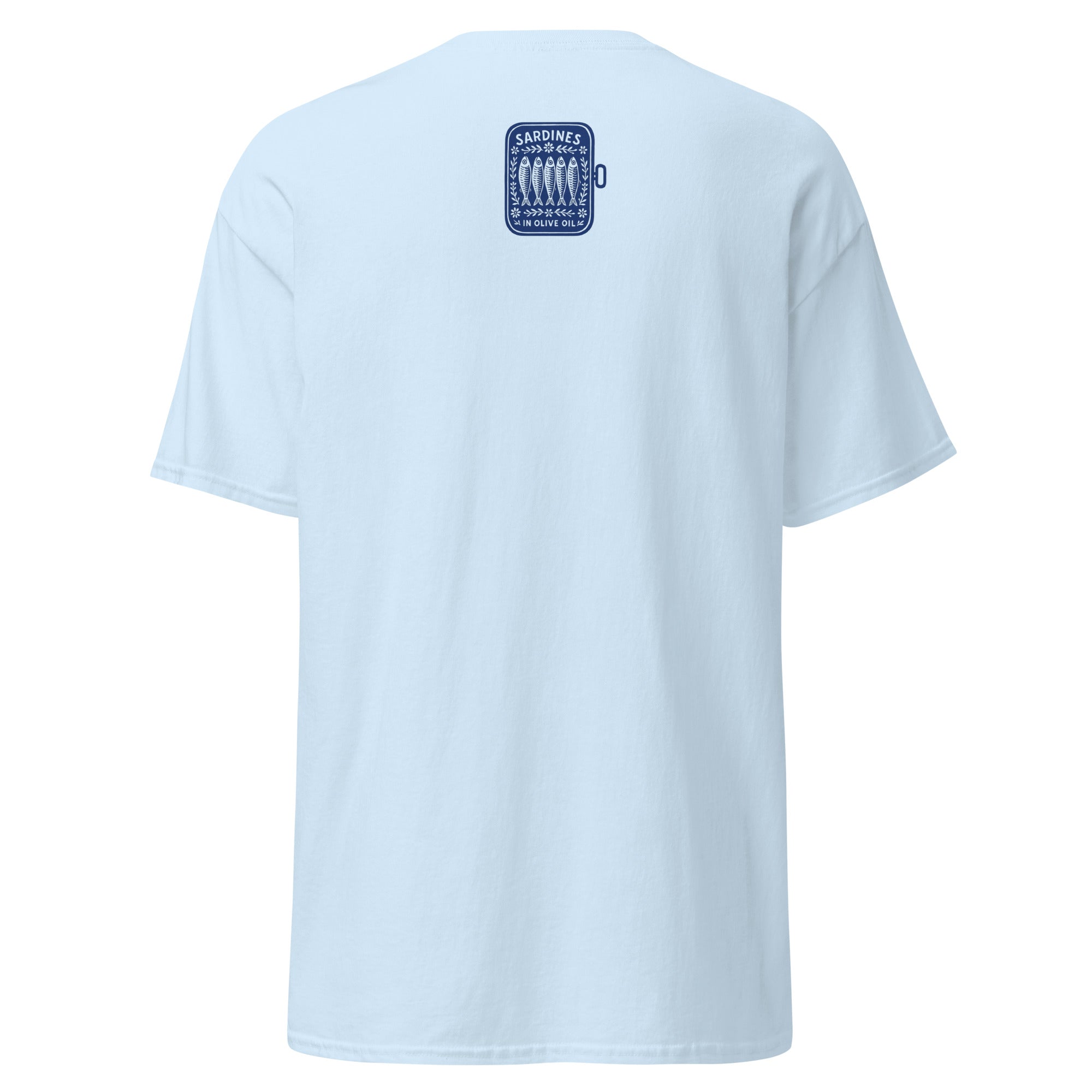 T-shirt Unisexe couleur bleue clair avec un motif vintage Boite de Sardines.