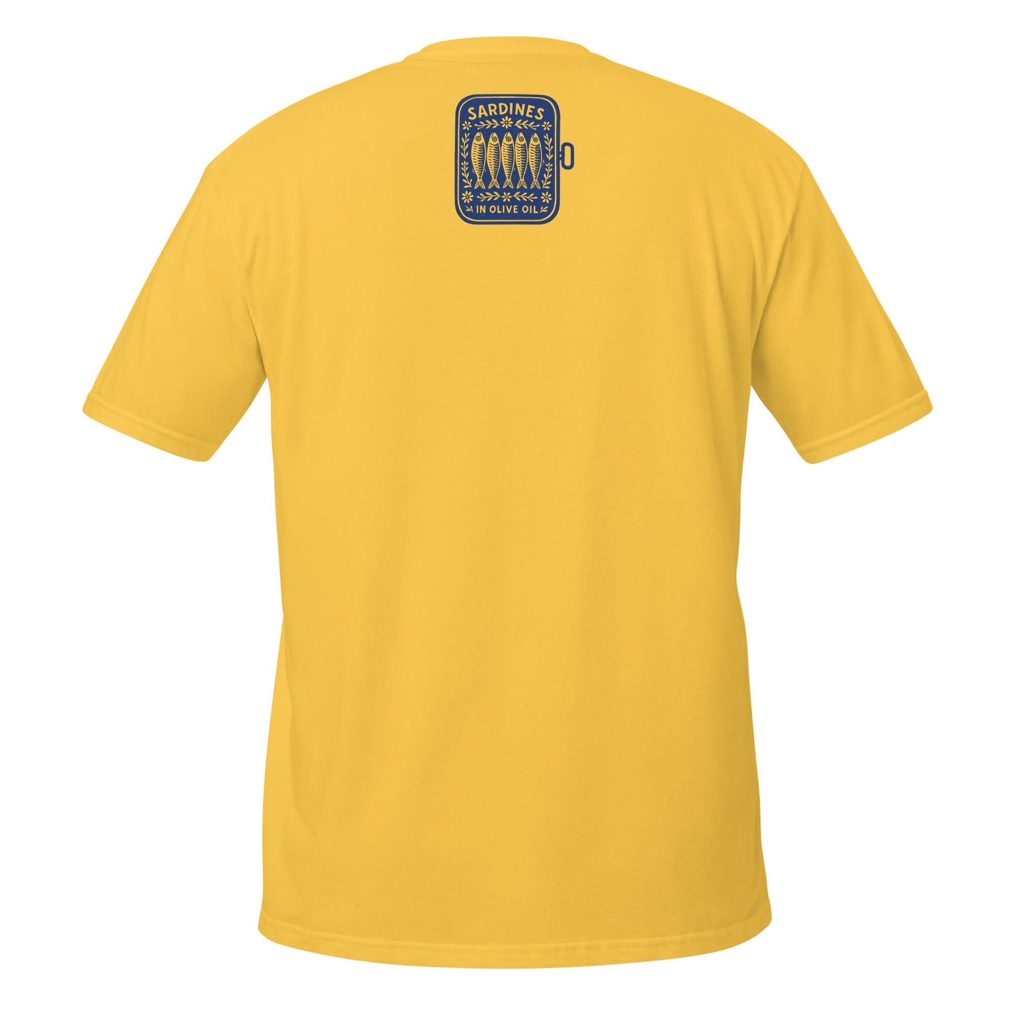 Tee-shirt de couleur jaune unisexe motif rétro boîte de sardines. Ideal pour cet ete.