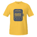 Tee-shirt de couleur jaune unisexe motif rétro boîte de sardines. Ideal pour cet ete.