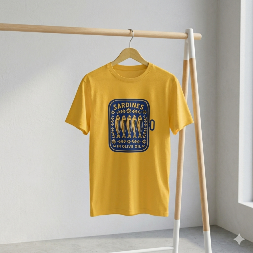 Tee-shirt de couleur jaune unisexe motif rétro boîte de sardines. Ideal pour cet ete.