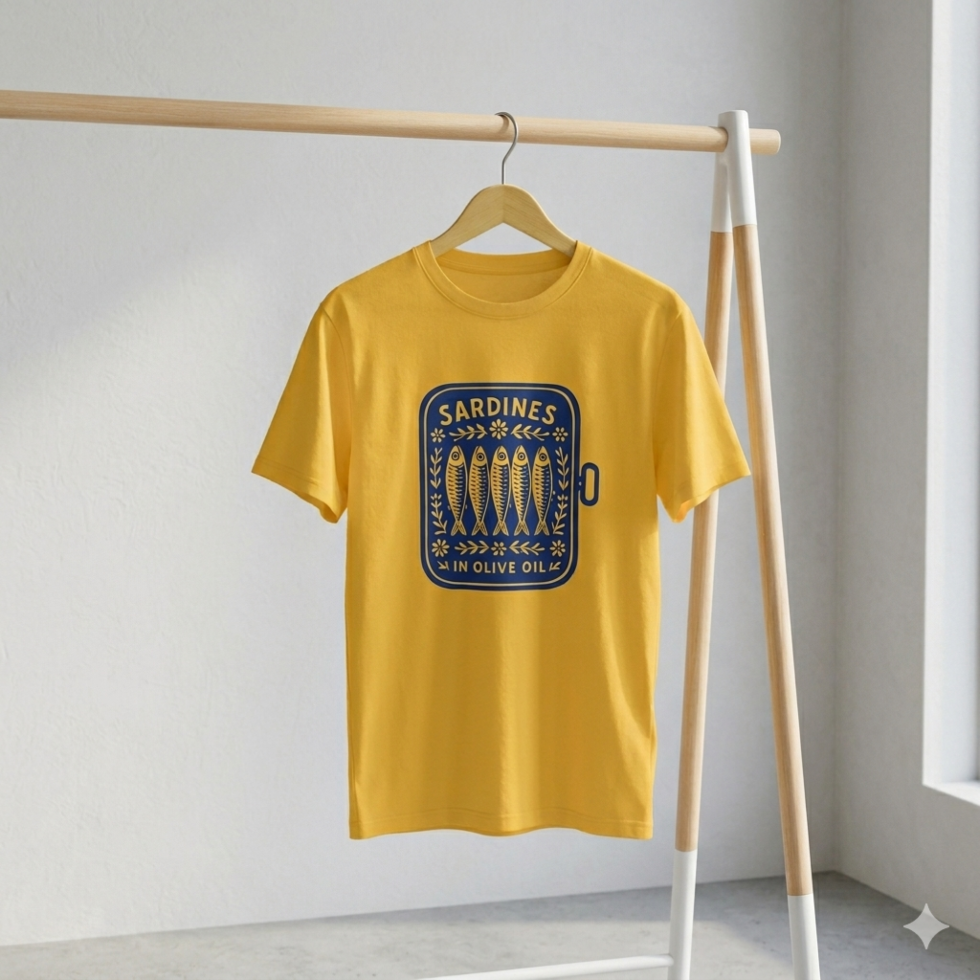 Tee-shirt de couleur jaune unisexe motif rétro boîte de sardines. Ideal pour cet ete.