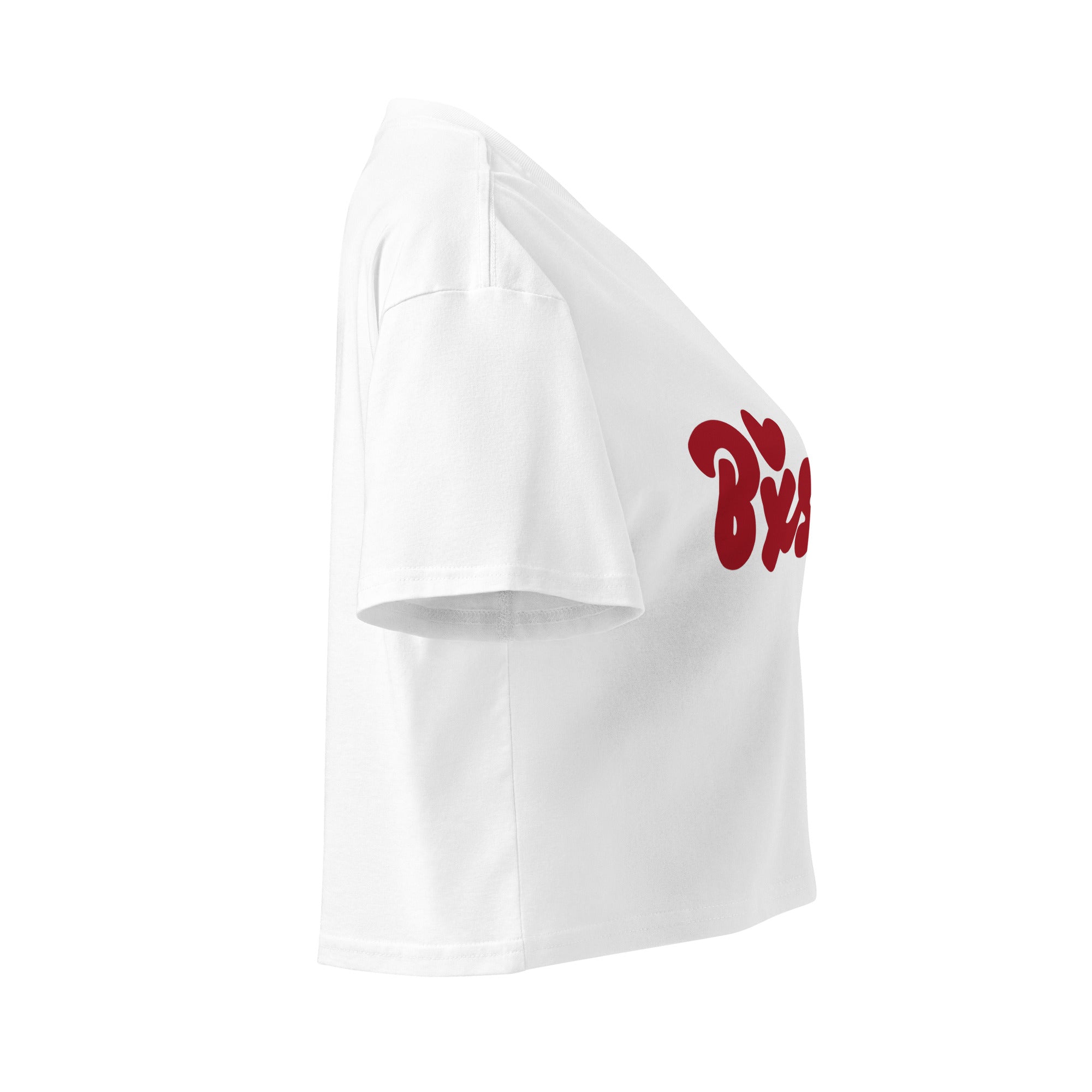 Crop-top femme de couleur blanche avec une inscription Bisou sur le devant.