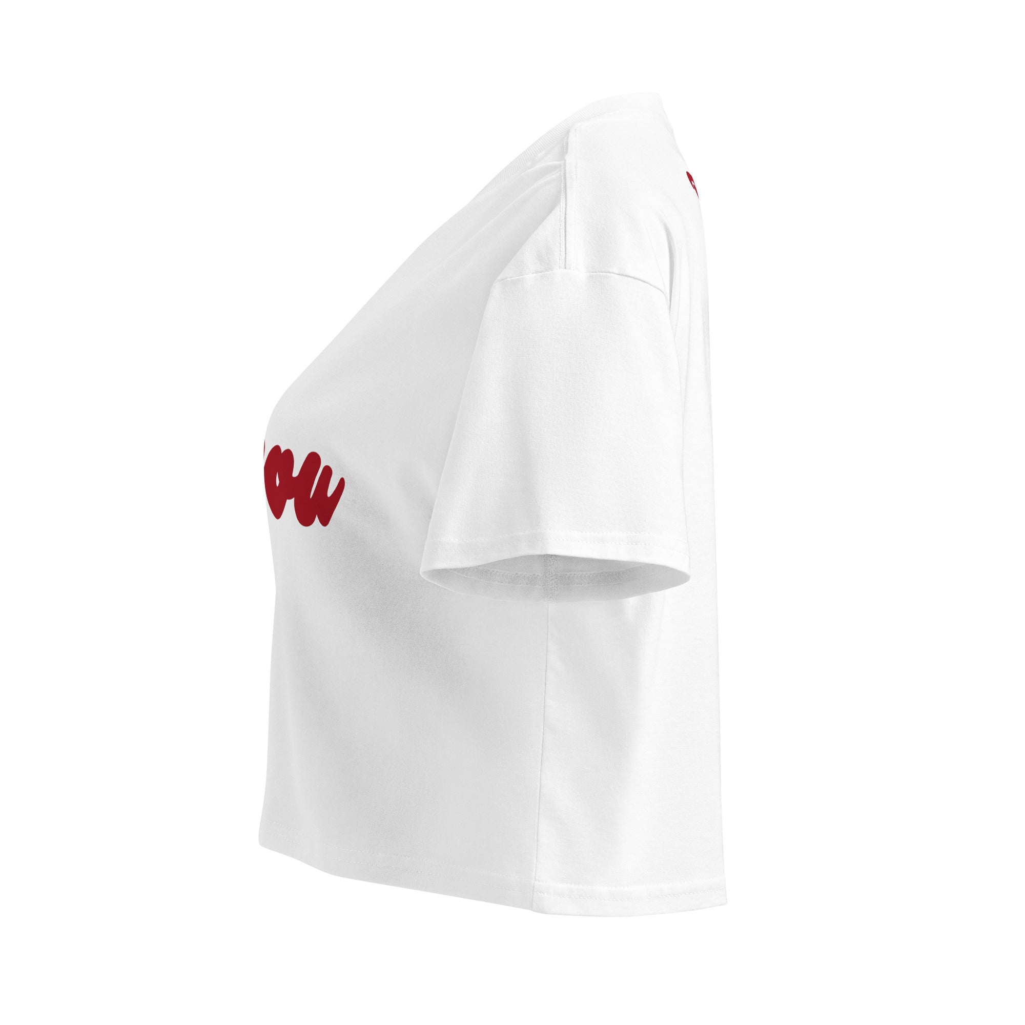 Crop-top femme de couleur blanche avec une inscription Bisou sur le devant.