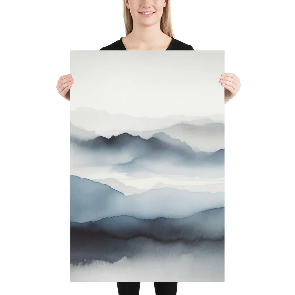 Affiche décorative paysage brumeux bleu gris style aquarelle, tenue par une femme