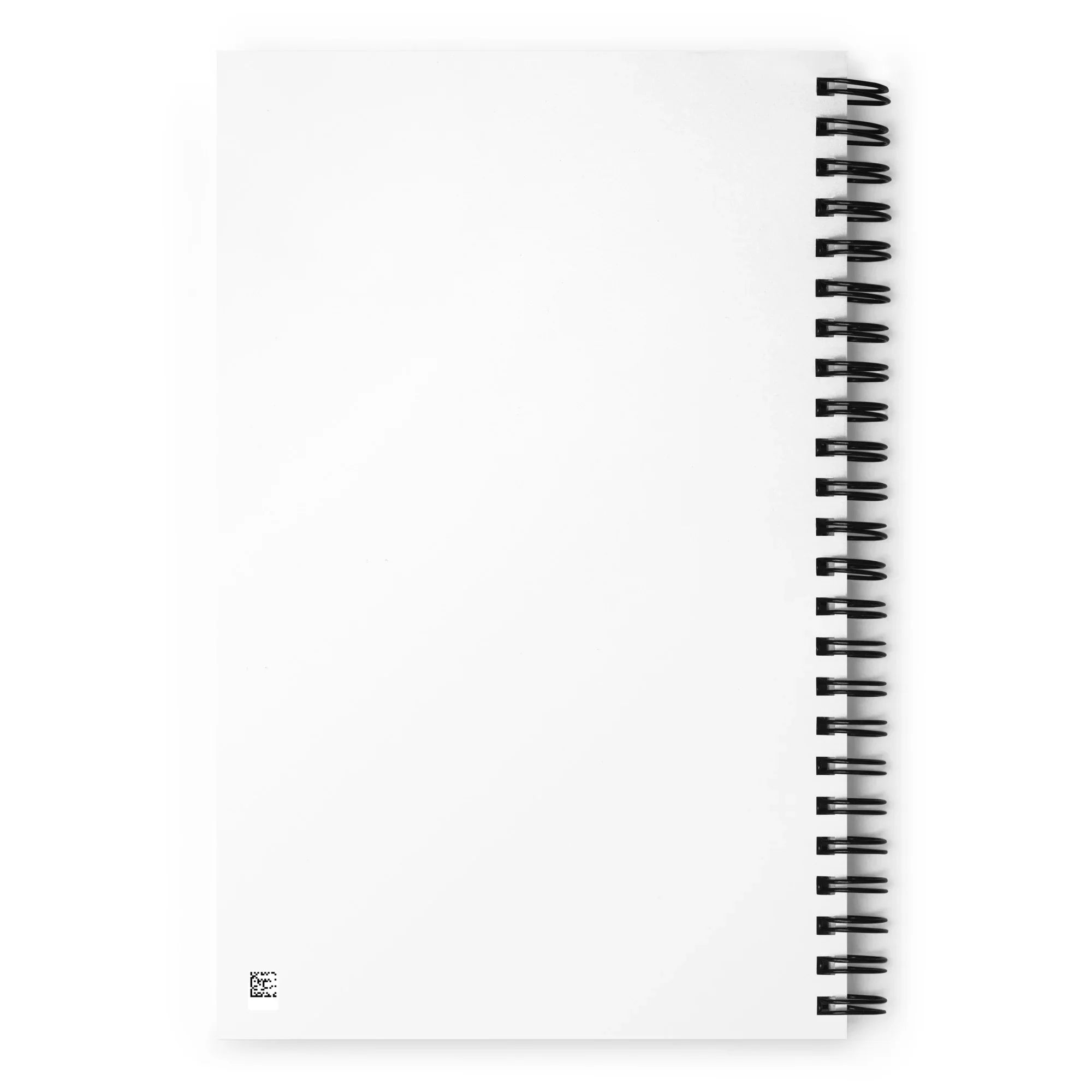 Dos d’un carnet à spirale avec reliure noire, fond blanc minimaliste